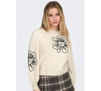 Strickpullover ONLY "ONLMAGNOLIA LS DETAIL PULLOVER KNT", Damen, Gr. XL, weißcap gray detail:schwarz lace ribbon, flower, Strick, Obermaterial: 51% Viskose, 26% Polyester, 23% Nylon, bestickt, normal,