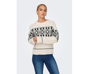 Strickpullover ONLY "ONLMARENT L/S PULLOVER KNT NOOS", Damen, Gr. XS, weiß (cloud dancer detail:schwarz), Strick, Obermaterial: 55% Polyester, 40% Polyamid, 5% Nylon, gemustert, regular fit normal, Ru