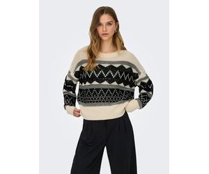 Strickpullover ONLY "ONLMELINE LS SEQUIN O-NECK KNT", Damen, Gr. S, weiß (weißcap gray pattern:schwarz, schwarz sequins), Strick, Obermaterial: 60% Baumwolle, 40% Polyacryl, gemustert, regular fit, Ru