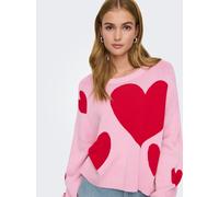 Strickpullover ONLY "ONLMONTANA LS JQ O-NECK CC KNT", Damen, Gr. XL, romance rose pattern:barbados cherry quirky hearts, Strick, Obermaterial: 82% Viskose, 18% Nylon, gemustert, regular fit normal, Ru