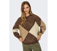 Strickpullover ONLY "ONLNOEME LIFE LS JQ O-NECK KNT", Damen, Gr. S, braun (chestnut pattern:cocoa creme, biscotti, melange, argyle), Strick, Obermaterial: 58% Polyester, 24% Polyacryl, 10% Wolle, 8% N