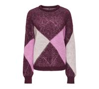 Strickpullover ONLY "ONLNOEME LIFE LS JQ O-NECK KNT", Damen, Gr. XL, lila (winetasting pattern:birch, fuchsia pink, melange, argyle), Strick, Obermaterial: 58% Polyester, 24% Polyacryl, 10% Wolle, 8%