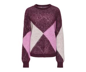 Strickpullover ONLY "ONLNOEME LIFE LS JQ O-NECK KNT", Damen, Gr. XS, lila (winetasting pattern:birch, fuchsia pink, melange, argyle), Strick, Obermaterial: 58% Polyester, 24% Polyacryl, 10% Wolle, 8%