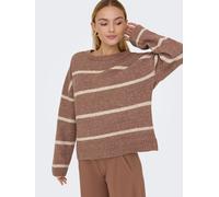 Strickpullover ONLY "ONLOXFORD LIFE LS STRIPE O-NECK KNT", Damen, Gr. L, friar braun stripes:humus, melange, Strick, Obermaterial: 86% Polyester, 7% Polyacryl, 4% Wolle, 3% Elasthan, gestreift, relaxe
