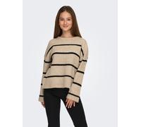 Strickpullover ONLY "ONLOXFORD LIFE LS STRIPE O-NECK KNT", Damen, Gr. S, humus stripes:melange, schwarz, Strick, Obermaterial: 86% Polyester, 7% Polyacryl, 4% Wolle, 3% Elasthan, gestreift, relaxed fi