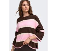 Strickpullover ONLY "ONLTALIO LS O-NECK BF KNT", Damen, Gr. L, braun (fudge stripes:birch, bonbon, mel), Strick, Obermaterial: 75% Polyacryl, 22% Polyester, 3% Elasthan, gestreift, regular fit normal,