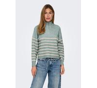 Strickpullover ONLY "ONLTOKYO L/S ZIP PULLOVER KNT NOOS", Damen, Gr. M, chinois grün stripes:pumice stone meliert, Strick, Obermaterial: 79% Polyester, 13% Polyacryl, 5% Wolle, 3% Elasthan, gestreift,