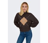 Strickpullover ONLY "ONLWAKEFIELD LIFE LS BLING HIGHNECK KNT", Damen, Gr. L, chocolate torte detail:tan, mel, silber bling, Strick, Obermaterial: 63% Polyester, 33% Polyacryl, 4% Elasthan, bedruckt, r