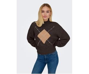 Strickpullover ONLY "ONLWAKEFIELD LIFE LS BLING HIGHNECK KNT", Damen, Gr. XL, chocolate torte detail:tan, mel, silber bling, Strick, Obermaterial: 63% Polyester, 33% Polyacryl, 4% Elasthan, bedruckt,