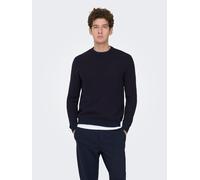 Strickpullover ONLY & SONS "ONSDAVE REG LS CREW NECK KNIT NOOS", Herren, Gr. S, schwarz sapphire detail:port royale, Strick, Obermaterial: 100% Baumwolle, unifarben, regular fit normal, Rundhals, Bünd
