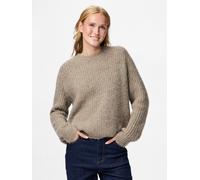Strickpullover PIECES "PCCLEO LS O-NECK CHUNKY KNIT NOOS BC", Damen, Gr. XL, greige detail:melange, Strick, Obermaterial: 76% Polyester, 16% Nylon, 6% Wolle, 2% Elasthan, meliert, relaxed fit hüftlang
