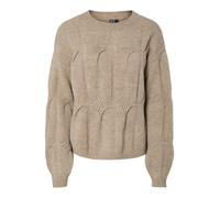 Strickpullover PIECES "PCJENNA LS O-NECK CABLE KNIT NOOS BC", Damen, Gr. XL, beige (greige), Strick, Obermaterial: 79% Polyester, 13% Polyacryl, 5% Wolle, 3% Elasthan, unifarben, regular fit normal, R