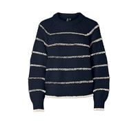 Strickpullover PIECES "PCNELIA LS O-NECK KNIT NOOS BC", Damen, Gr. L, sky captain stripes:birch, Strick, Obermaterial: 100% Polyester, gestreift, regular fit hüftlang, Rundhals, Rippbündchen, Pullover