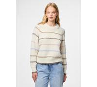 Strickpullover PIECES "PCNELIA LS O-NECK KNIT NOOS BC", Damen, Gr. S, birch stripes:grei, more, dapi, blaven, Strick, Obermaterial: 100% Polyester, gestreift, regular fit hüftlang, Rundhals, Rippbündc