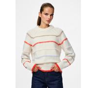 Strickpullover PIECES "PCNELIA LS O-NECK KNIT NOOS BC", Damen, Gr. XS, birch stripes:brei, oran, pabo, blaven, Strick, Obermaterial: 100% Polyester, gestreift, regular fit hüftlang, Rundhals, Rippbünd