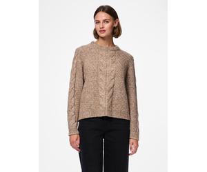 Strickpullover PIECES "PCNINA LS O-NECK KNIT NOOS BC", Damen, Gr. L, beige (fossil), Strick, Obermaterial: 82% Polyester, 15% Polyacryl, 3% Elasthan, unifarben, regular fit hüftlang, Rundhals, Pullove