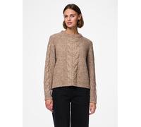 Strickpullover PIECES "PCNINA LS O-NECK KNIT NOOS BC", Damen, Gr. M, beige (fossil), Strick, Obermaterial: 82% Polyester, 15% Polyacryl, 3% Elasthan, unifarben, regular fit hüftlang, Rundhals, Pullove