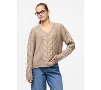 Strickpullover PIECES "PCNINA LS V-NECK KNIT NOOS BC", Damen, Gr. XS, beige (fossil), Strick, Obermaterial: 82% Polyester, 14% Polyacryl, 4% Wolle, unifarben, regular fit hüftbedeckend, V-Ausschnitt, 