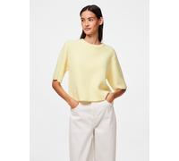 Strickpullover PIECES "PCSILLY SS O-NECK KNIT NOOS BC", Damen, Gr. XS, pale banana detail:melange, Strick, Obermaterial: 90% Polyester, 5% Wolle, 5% Elasthan, meliert, loose fit taillenbedeckt, Rundha