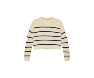 Strickpullover S.OLIVER JUNIOR, Jungen, Gr. 158/164, beige (nature stripe), Strick, Obermaterial: 100% Polyacryl, gestreift, regular fit taillenbedeckt, Rundhals, Rippbündchen, Pullover Strickpullover