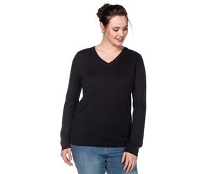 Strickpullover SHEEGO "V-Ausschnitt-Pullover", Damen, Gr. 56/58, schwarz, 50% Baumwolle, 50% Polyacryl, unifarben, Pullover Strickpullover (13847727-56) schwarz