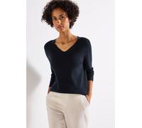 Strickpullover STREET ONE, Damen, Gr. 36, blau (tiefblau), Stoff, 50% Viskose, 28% Polyester, 22% Polyamid, Strukturmuster, normal normal, V-Ausschnitt, Bündchen, Pullover, aus softem Materialmix (675