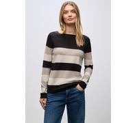 Strickpullover STREET ONE, Damen, Gr. 38, schwarz, Feinstrick, 71% Viskose, 29% Nylon, gestreift, comfort fit normal, U-Boot-Ausschnitt, normaler Saum, Pullover Strickpullover, im Streifen-Design (783