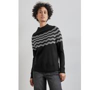 Strickpullover STREET ONE, Damen, Gr. 38, schwarz, Web, 37% Baumwolle, 34% Polyacryl, 26% Polyester, 3% Elasthan, gestreift, normal normal, hoch geschlossener Ausschnitt, Bündchen, Pullover Strickpull