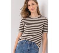 Kurzarmpullover STREET ONE, Damen, Gr. 40, beige (clay sand meliert), Web, 37% Baumwolle, 34% Polyacryl, 26% Polyester, 3% Elasthan, gestreift, normal normal, Rundhals, abgesteppt, Pullover, im Streif