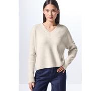Strickpullover STREET ONE STUDIO, Damen, Gr. 46, beige (oak beige melange), Web, 37% Baumwolle, 34% Polyacryl, 26% Polyester, 3% Elasthan, unifarben, normal normal, V-Ausschnitt, Bündchen, Pullover, m