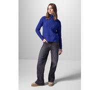 Strickpullover STREET ONE STUDIO, Damen, Gr. 46, blau (force blau), Web, 35% Baumwolle, 32% Polyacryl, 28% Polyester, 5% Elasthan, unifarben, normal kurz, hoch geschlossener Ausschnitt, Bündchen, Pull