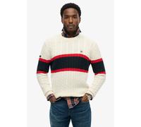 Strickpullover SUPERDRY "Cotton Stripe Cable Jumper", Herren, Gr. M, ecru, eclipse navy, Strick, Obermaterial: 100% Baumwolle, gemustert, regular fit normal, Rundhals, Rippbündchen, Pullover Strickpul