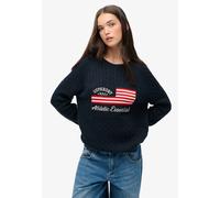 Strickpullover SUPERDRY "SLOUCHY CABLE FLAG KNIT", Damen, Gr. XL, blau (richest navy), Strick, Obermaterial: 100% Baumwolle, bedruckt, loose fit hüftlang, Rundhals, Rippbündchen, Pullover Strickpullov