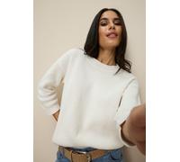 Strickpullover TAMARIS "mit angenehmem Tragegefühl und vielseitigem Stil", Damen, Gr. 44/46, sanftes weiß, Strick, Obermaterial: 50% Baumwolle, 50% Polyacryl, unifarben, Basic, figurumspielend kurz, R