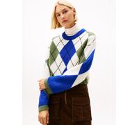 Strickpullover TOMMY HILFIGER "ALPACA BLEND ARGYLE C-NK LS SWT", Damen, Gr. S, bunt (argyle cobalt, deep evergrün), Strick, Obermaterial: 50% Alpaka, 50% Nylon, kariert, regular fit, Rundhals, Rippbün