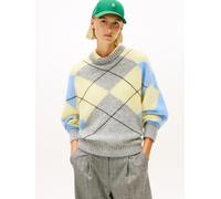 Strickpullover TOMMY HILFIGER "ALPACA BLEND ARGYLE C-NK LS SWT", Damen, Gr. S, light grau htr, gelb, blau argyle, Strick, Obermaterial: 50% Alpaka, 50% Nylon, meliert, regular fit, Rundhals, Rippbündc