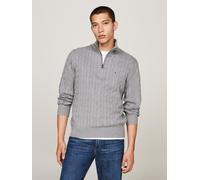 Strickpullover TOMMY HILFIGER "CLASSIC COTTON CABLE ZIP MOCK", Herren, Gr. S, grau (medium grau heather), Strick, Obermaterial: 100% Baumwolle, regular fit, Rippbündchen, Pullover Strickpullover, mit