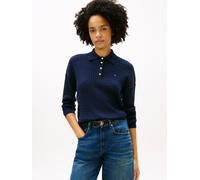 Strickpullover TOMMY HILFIGER "CO CABLE FINE GG RLXD POLO SWT", Damen, Gr. L (42/44), schwarz night navy, Strick, Obermaterial: 100% Baumwolle, unifarben, relaxed fit, Pullover Strickpullover, mit Zop