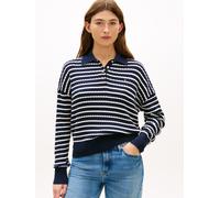 Strickpullover TOMMY HILFIGER "CO CABLE FINE GG RLXD POLO SWT", Damen, Gr. M (40), schwarz night navy, ivory petal stp, Strick, Obermaterial: 100% Baumwolle, gestreift, relaxed fit, Pullover Strickpul