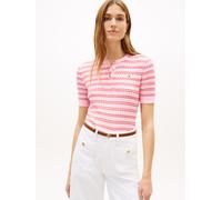 Strickpullover TOMMY HILFIGER "CO CABLE FINE GG SS HENLEY", Damen, Gr. M (40), preppy stp classic pink fireworks, Strick, Obermaterial: 100% Baumwolle, gestreift, bequem normal, Rundhals, Pullover Str