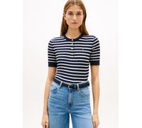 Strickpullover TOMMY HILFIGER "CO CABLE FINE GG SS HENLEY", Damen, Gr. XS (34), blau (schwarz night navy, ivory petal stp), Strick, Obermaterial: 100% Baumwolle, gestreift, bequem normal, Rundhals, Pu