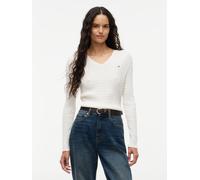 Strickpullover TOMMY HILFIGER "CO CABLE FINE GG V-NK LS SWT", Damen, Gr. L (42/44), weiß (ivory petal), Strick, Obermaterial: 100% Baumwolle, unifarben, normal, V-Ausschnitt, Pullover Strickpullover,