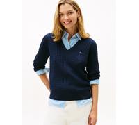 Strickpullover TOMMY HILFIGER "CO CABLE FINE GG V-NK LS SWT", Damen, Gr. S (36/38), blau (schwarz night navy), Strick, Obermaterial: 100% Baumwolle, unifarben, normal normal, V-Ausschnitt, Rippstrickb