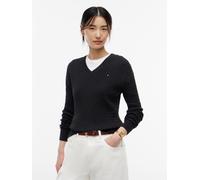 Strickpullover TOMMY HILFIGER "CO CABLE FINE GG V-NK LS SWT", Damen, Gr. XL (46), dunkelgrau heather, Strick, Obermaterial: 100% Baumwolle, meliert, normal, V-Ausschnitt, Pullover Strickpullover, Baum