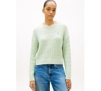 Strickpullover TOMMY HILFIGER "CO CABLE MID GG RLX LS V-NK SWT", Damen, Gr. L (42/44), grün (gentle jade), Strick, Obermaterial: 100% Baumwolle, unifarben, relaxed fit normal, V-Ausschnitt, Pullover S