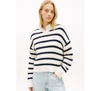 Strickpullover TOMMY HILFIGER "CO CABLE MID GG RLX LS V-NK SWT", Damen, Gr. L (42/44), weiß (ivory petal, schwarz n navy stp), Strick, Obermaterial: 100% Baumwolle, gestreift, relaxed fit normal, V-Au