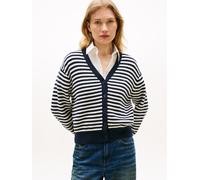 Strickpullover TOMMY HILFIGER "CO CARDI LS CARDI", Damen, Gr. M (40), fine stp ivory pet, schwarz n navy, Strick, Obermaterial: 100% Baumwolle, gestreift, regular fit, V-Ausschnitt, Pullover Strickpul