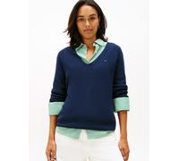 Strickpullover TOMMY HILFIGER "CO CARDI STITCH V-NK LS", Damen, Gr. S (36), blau (schwarz night navy), Strick, Obermaterial: 100% Baumwolle, unifarben, normal hüftlang, V-Ausschnitt, Raglanärmel Stric