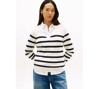 Strickpullover TOMMY HILFIGER "CO CARDI STITCH V-NK LS", Damen, Gr. XXL (44), ivory petal, schwarz night navy stp, Strick, Obermaterial: 100% Baumwolle, gestreift, normal hüftlang, V-Ausschnitt, Ragla