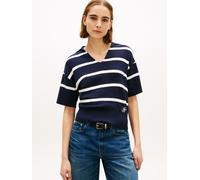 Strickpullover TOMMY HILFIGER "CO FULL NEEDLE POLO SS SWT", Damen, Gr. L (42/44), big stp schwarz night, ivory petal, Strick, Obermaterial: 100% Baumwolle, gestreift, regular fit normal, V-Ausschnitt,